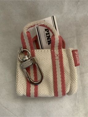 Victoria's Secret PINK Mini Tote Keychain Bag Charm Natural Canvas Pink NWT